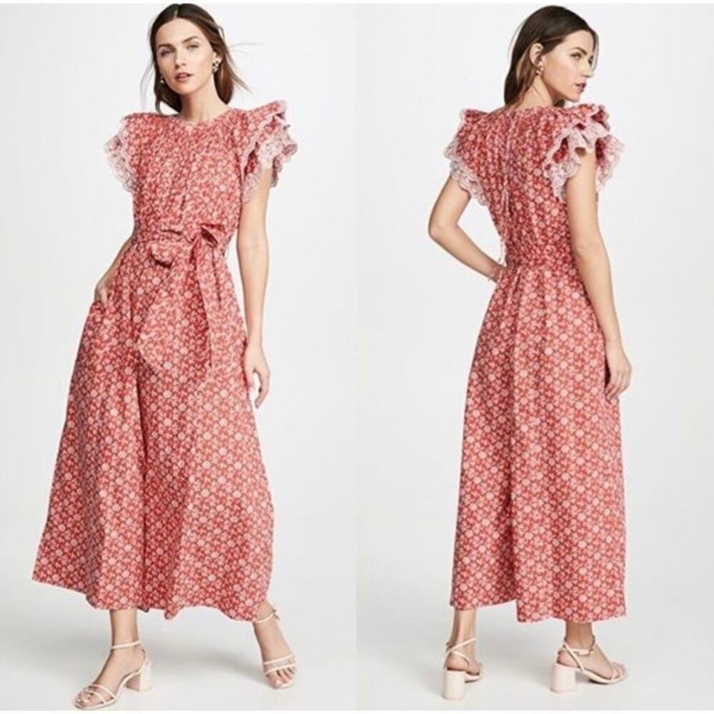 Ulla Johnson Landon Wide Leg Jumpsuit Poppy Floral Red Ruffle Sleeve Size 0